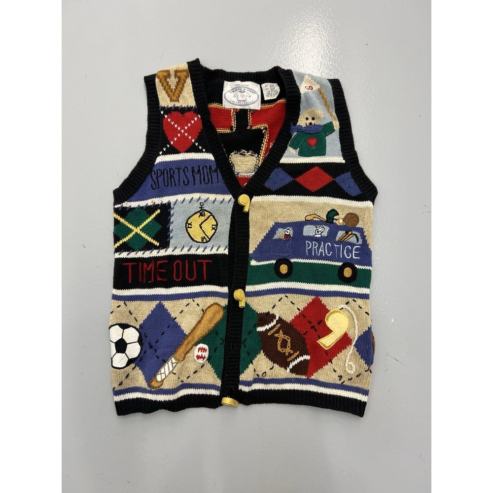 Vintage 1996 Eagle's Eye Sports Mom Novelty Knit Vest Whistle Buttons Small
